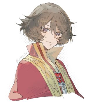 Rule 34 | 1boy, black hair, cape, hair between eyes, halftone, high collar, highres, kongwai tao, light smile, looking at viewer, male focus, portrait, purple eyes, red cape, robe, short hair, simple background, solo, tales of (series), tales of innocence, tales of innocence r, twitter username, white background, xing 20