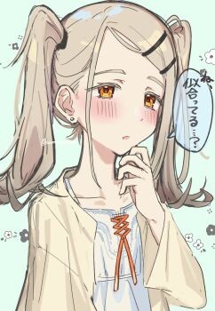 1girl alternate_hairstyle blonde_hair blush brown_robe camisole colored_eyelashes commentary_request earrings flipped_hair gakuen_idolmaster gradient_hair green_background grey_hair hair_ornament hair_tie hairclip hand_to_own_mouth hand_up highres idolmaster jewelry long_hair long_sleeves looking_at_viewer multicolored_hair open_clothes open_mouth open_robe orange_eyes orange_ribbon parallel_hairclips parted_bangs ribbon robe shinosawa_hiro solo speech_bubble stud_earrings sumomo_otome twintails white_camisole wide_sleeves