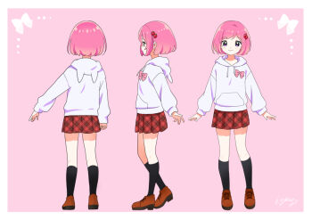 Rule 34 | 1girl, animal hood, arms at sides, artist name, black socks, blush, bob cut, border, bow, bow background, brown shoes, cat hood, closed mouth, commentary, drawstring, food, food-themed hair ornament, from behind, from side, fruit, fruit hair ornament, full body, gradient hair, hair ornament, harumi momoka (kyanos), hood, hood down, hoodie, kneehighs, kyanos (b 0000ff), long sleeves, looking at viewer, miniskirt, multicolored hair, multiple views, original, pink background, pink bow, pink hair, plaid clothes, plaid skirt, pleated skirt, purple eyes, purple hoodie, red skirt, shoes, short hair, signature, skirt, smile, socks, solo, standing, strawberry, strawberry hair ornament, swept bangs, tareme, turnaround, white border