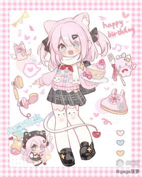 1girl :d absurdres animal_ear_fluff animal_ear_legwear animal_ears animal_hat backpack bag black_hat black_shoes black_skirt blue_eyes blunt_bangs blush_stickers cake cake_slice cat_ear_legwear cat_ears cat_girl cat_hat cat_tail chinese_commentary closed_mouth commentary_request food full_body gaga_(user_ynuk5738) hat highres holding holding_plate long_sleeves medium_hair multiple_views open_mouth original pink_hair pink_sweater plate pleated_skirt scarf shoes simple_background skirt smile standing sweater tail thighhighs white_background white_scarf white_thighhighs