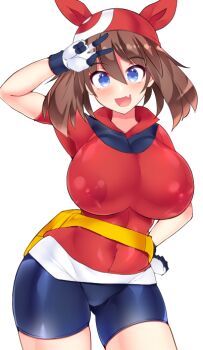 1girl bandana blue_eyes breasts brown_hair fanny_pack hisui_(stapspats) large_breasts may_(pokemon) pokemon pokemon_rse red_bandana see-through_clothes