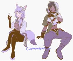 Rule 34 | 1boy, 1girl, animal ear fluff, animal ears, baggy pants, black hair, black pantyhose, boots, bright pupils, capelet, collared shirt, commentary, commission, crop top, crossed legs, dark-skinned male, dark skin, english text, fake transparency, flask, fox ears, fox girl, fox tail, full body, green eyes, hair between eyes, hair over shoulder, hand up, highres, holding, holding flask, hood, hood up, hooded capelet, invisible chair, long hair, long sleeves, looking at another, looking at object, looking to the side, low-tied long hair, open mouth, original, pants, pantyhose, parted lips, puffy long sleeves, puffy sleeves, purple footwear, purple hair, purple pants, purple shirt, robodumpling, shirt, sitting, stomach, symbol-only commentary, tail