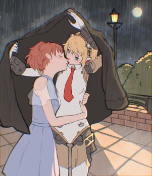 2girls aigis_(persona) android blonde_hair blue_dress blue_eyes blush chromatic_aberration closed_eyes dress hand_on_another's_waist highres imminent_kiss improvised_umbrella lamppost looking_at_another moon multiple_girls necktie night orange_hair outdoors parted_lips persona persona_3 persona_3_portable ponytail rain red_necktie shared_clothes shared_coat shared_improvised_umbrella shiomi_kotone short_hair tbjj1208 yuri