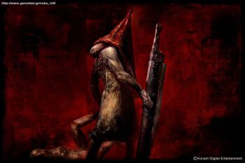 1boy great_knife ito_masahiro konami lying_figure monster monster_boy muscular muscular_male official_art pyramid_head silent_hill_(series) silent_hill_2 sword weapon