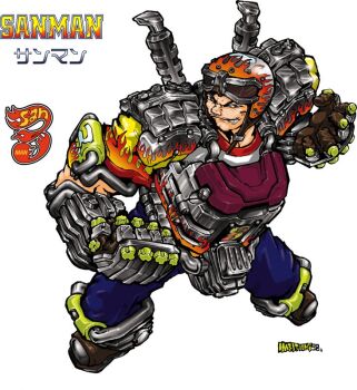 1boy armor armored_gloves brown_eyes character_name exhaust_pipe fighting_vipers fighting_vipers_2 flame_print goggles goggles_on_head helmet imai_toonz official_art sanman_(fighting_vipers) sega solo