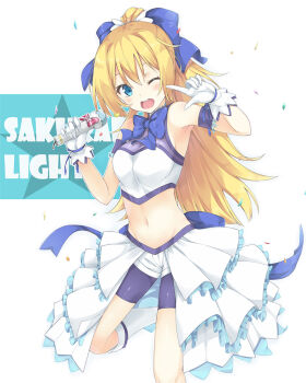 10s 1girl aito_(indigorabbit) armband armpits bike_shorts bike_shorts_under_shorts blonde_hair blue_eyes boots bow bowtie confetti crop_top female_focus frills gloves hair_bow high_ponytail idol joukamachi_no_dandelion knee_boots long_hair looking_at_viewer microphone midriff navel one_eye_closed open_mouth ponytail ribbon sakurada_hikari short_shorts shorts showgirl_skirt sleeveless solo standing standing_on_one_leg white_background white_gloves wrist_ribbon