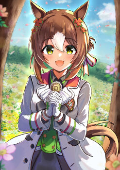 1girl absurdres animal_ears ascot black_skirt blue_sky blush breasts brown_hair buttons cloud clover clover_hair_ornament commentary_request double-breasted fine_motion_(noble_seamair)_(umamusume) fine_motion_(umamusume) flower gloves green_eyes green_vest hair_between_eyes hair_bun hair_ornament highres horse_ears horse_girl horse_tail ikaashi_you interlocked_fingers jacket long_sleeves looking_at_viewer multicolored_hair open_mouth outdoors own_hands_clasped own_hands_together shirt single_hair_bun skirt sky smile solo tail umamusume vest white_ascot white_gloves white_hair white_jacket