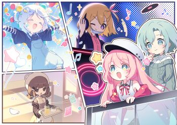 5girls :d ^_^ absurdres apron aran_sweater bare_shoulders beamed_eighth_notes black_shirt blue_eyes blush_stickers bow brown_eyes brown_hair brown_shirt cable_knit closed_eyes collared_shirt commentary_request copyright_request cup dress_shirt drinking_glass eighth_note grey_eyes grey_hair grey_sweater hair_between_eyes hat highres holding holding_tray indoors jacket layered_sleeves long_hair long_sleeves low_twintails mechuragi multiple_girls musical_note off-shoulder_sweater off_shoulder open_clothes open_jacket open_mouth outstretched_arms overall_shorts overalls peaked_cap pink_hair pink_shirt purple_jacket quarter_note shirt short_over_long_sleeves short_sleeves short_twintails skirt sleeveless sleeveless_shirt smile spread_arms star_(symbol) striped_sleeves sweater tray twintails very_long_hair white_apron white_bow white_hat wide_sleeves yellow_skirt