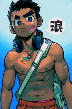 1boy abs black_hair dark-skinned_male dark_skin headphones headphones_around_neck highres jewelry male_focus necklace nipples original pectorals short_hair solo thick_eyebrows toned toned_male topless_male upper_body xireeeeee
