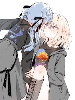 2girls bang_dream! bang_dream!_it&#039;s_mygo!!!!! black_boots black_ribbon black_shirt blonde_hair blue_hair blush boots chinese_commentary commentary_request cropped grey_jacket grey_skirt hair_ribbon highres hood hood_down hooded_jacket implied_fingering jacket knee_boots long_hair medium_hair misumi_uika multiple_girls open_clothes open_jacket open_mouth purple_eyes ribbon sen_jin_chen shirt sidelocks simple_background skirt sweat togawa_sakiko white_background yuri