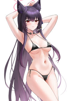 1girl animal_ear_fluff animal_ears armpits arms_behind_head arms_up bare_shoulders bikini black_bikini blue_archive blush breasts breasts_apart cameltoe closed_mouth collarbone commentary commission earphones english_commentary fox_ears groin hair_between_eyes halo highres long_hair looking_at_another medium_breasts micro_bikini navel o-ring o-ring_bikini pink_halo pixiv_commission purple_hair qing_wu red_eyes side-tie_bikini_bottom sideboob sidelocks simple_background solo standing stomach string_bikini swimsuit thighs underboob very_long_hair wet white_background yukino_(blue_archive)