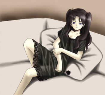 00s 1girl black_dress black_hair black_theme dress fate/stay_night fate_(series) female_focus long_legs solo suina tohsaka_rin