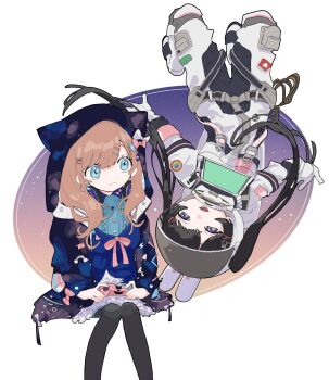 2girls :3 black_hair black_pantyhose blue_eyes blue_shirt brown_hair closed_mouth commentary_request controller feet_out_of_frame game_controller gloves hair_ornament highres holding holding_controller holding_game_controller hood hood_up hooded_jacket jacket long_hair long_sleeves multiple_girls open_clothes open_jacket open_mouth original pantyhose purple_eyes semoo shirt short_hair smile spacesuit white_gloves x_hair_ornament