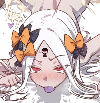 1boy 1girl abigail_williams_(fate) abigail_williams_(third_ascension)_(fate) black_bow blush bow colored_skin colored_tongue completely_nude cum ebora ejaculation fate/grand_order fate_(series) forehead hair_bow hetero highres keyhole loli long_hair lying nude on_stomach open_mouth orange_bow out-of-frame_censoring parted_bangs prone_bone purple_tongue red_eyes sex sex_from_behind tearing_up third_eye tongue tongue_out white_hair white_skin