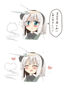 1girl 1other black_bow black_bowtie black_hairband blue_eyes blush bow bowtie closed_eyes collared_shirt commentary_request flying_sweatdrops green_vest grey_hair hairband headpat heart highres hitodama konpaku_youmu konpaku_youmu_(ghost) long_sleeves shirt shishiky solo_focus touhou translated vest white_shirt