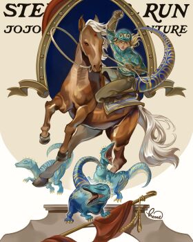 argyle_clothes argyle_sweater blonde_hair blue_helmet blue_sweater blue_tail brown_gloves brown_pants closed_mouth commentary diego_brando dinosaur dinosaur_tail english_commentary english_text fangs gloves hand_up helmet highres holding holding_eyeball holding_reins horseback_riding jodhpurs jojo_no_kimyou_na_bouken looking_to_the_side medium_hair open_mouth pants reins riding saddle scary_monsters_(stand) silver_bullet_(jojo) stand_(jojo) star_(symbol) steel_ball_run sweater tail thehanniebunny