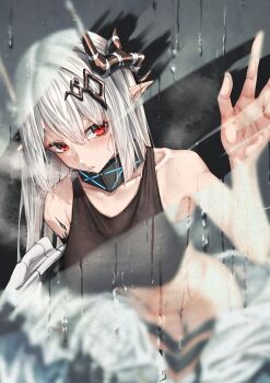 1girl absurdres arknights black_bra blush bottomless bra breasts character_request collarbone condensation convenient_censoring hair_between_eyes hair_ornament highres horns kuromu large_breasts looking_at_viewer mudrock_(arknights) pointy_ears red_eyes solo steam tagme title underwear water watermark wet wet_hair white_hair window_fog