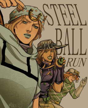 3boys argyle_clothes argyle_sweater ball beanie beard blonde_hair blue_eyes blue_hat blue_hoodie blue_lips blue_nails bridal_gauntlets brown_hair brown_hat commentary cowboy_hat diego_brando english_commentary english_text facial_hair gloves goggles goggles_on_headwear green_eyes green_lips green_sweater grey_gloves grey_helmet grin gyro_zeppeli hat helmet highres holding holding_ball hood hood_down hoodie horseshoe_hat_ornament horseshoe_ornament johnny_joestar jojo_no_kimyou_na_bouken long_hair makeup male_focus medium_hair mikibagels multiple_boys orange_hair pointing purple_bridal_gauntlets purple_shirt shirt smile star_(symbol) star_print steel_ball_(jojo) steel_ball_run sweater teeth turtleneck turtleneck_sweater wristband