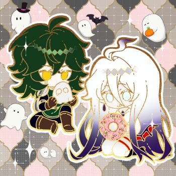 Rule 34 | 2boys, :q, absurdly long hair, ahoge, androgynous, animal, bat (animal), belt, black boots, black hat, black pants, black shirt, black wings, blue eyes, boots, brown background, brown boots, brown gloves, cheek tattoo, chinese commentary, closed mouth, commentary, commentary request, crossed bangs, demon wings, donut, double-parted bangs, earrings, food, full body, gatling pea (plants vs. zombies), ghost, gloves, gradient hair, green hair, green shirt, hair between eyes, hands up, hat, highres, holding, holding donut, holding food, holding ghost, huge ahoge, jewelry, knee boots, knee up, kneeling, long hair, long hair between eyes, long sidelocks, male focus, medium hair, multicolored hair, multiple boys, no pupils, no sclera, outline, pants, patterned background, personification, pink background, plants vs. zombies, plants vs. zombies 2, purple hair, red wings, shadow peashooter (plants vs. zombies), shirt, sidelocks, siiiiiiiiiii, simple background, single wing, sitting, sleeveless, sleeveless shirt, sparkle, sparkle background, sprinkles, tareme, tattoo, teardrop earrings, tongue, tongue out, top hat, trap, two-tone hair, two-tone wings, very long hair, white belt, white hair, white outline, white pants, white shirt, wings, yellow eyes