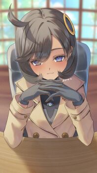 1girl :3 black_bodysuit black_gloves black_hair blurry blurry_background blush bodysuit bodysuit_under_clothes brown_jacket chair closed_mouth commentary_request cowlick dark-skinned_female dark_skin emma_(pokemon) gendou_pose gloves hair_between_eyes hair_ornament hands_clasped highres indoors jacket khr_39 latex latex_bodysuit long_sleeves looking_at_viewer mega_stone nintendo on_chair orange_gloves own_hands_clasped own_hands_together pokemon pokemon_legends:_z-a purple_eyes short_hair sidelocks sitting solo swept_bangs table twitter_username two-tone_gloves upper_body window