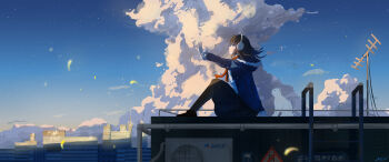 1girl absurdres blue_sky cat closed_mouth cloud coat hargow highres original outstretched_hand scenery sitting sky star_(sky)