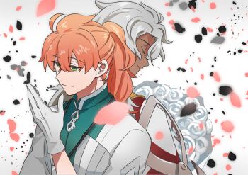 Rule 34 | 2boys, ahoge, back-to-back, bouquet, cape, chaldea logo, closed eyes, closed mouth, coat, commentary request, dark-skinned male, dark skin, doro (kura-chou), falling petals, fate/grand order, fate (series), flower, gloves, green coat, green eyes, grey background, grey hair, hair between eyes, hand up, high ponytail, kekkai sensen, lanyard, long hair, looking down, male focus, multicolored coat, multiple boys, orange hair, parody, parted bangs, petals, ponytail, popped collar, romani archaman, rose, smile, solomon (fate), sugar song and bitter step, twitter username, two-tone coat, upper body, white cape, white coat, white flower, white gloves, white rose