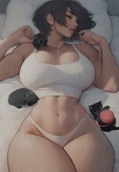 Rule 34 | 1girl, abs, baby animal, bed, black cat, black hair, breasts, cat, cleavage, closed eyes, commentary, english commentary, hel (ickpot), huge breasts, ickpot, kitten, lying, mature female, medium hair, navel, on back, original, panties, pillow, pinup (style), sleeping, solo focus, sports bra, thick lips, thick thighs, thighs, toned, toned female, underwear, white panties, white sports bra, yarn, yarn ball