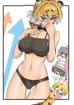 4girls animal_ears animal_print bikini black_bikini black_hair blonde_hair blush bow bowtie breasts extra_ears hat_feather heart heart-shaped_eyes helmet highres jaguar_(kemono_friends) jaguar_ears jaguar_girl jaguar_tail kaban_(kemono_friends) kemono_friends large_breasts multicolored_hair multiple_girls navel open_mouth orange_bow orange_bowtie otter_ears otter_girl pith_helmet print_bow print_bowtie rururungur serval_(kemono_friends) short_hair small-clawed_otter_(kemono_friends) smile swimsuit tail two-tone_bow two-tone_bowtie