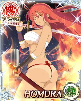 1girl ;( ahoge alternate_hair_color alternate_hair_length alternate_hairstyle ass aura bandages bare_shoulders bikini_tan border breasts card_(medium) character_name cleavage dark-skinned_female dark_skin emblem fire flat_ass fundoshi game_cg homura_(senran_kagura) huge_breasts japanese_clothes large_breasts long_hair looking_at_viewer official_alternate_eye_color official_art one_eye_closed over_shoulder red_eyes red_fundoshi sarashi senran_kagura senran_kagura_new_wave sheath solo standing sword sword_over_shoulder tan tanline third-party_source torn_clothes unsheathed very_long_hair weapon weapon_over_shoulder
