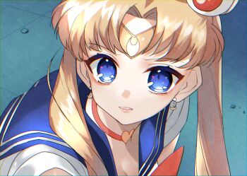 Rule 34 | 1girl, bishoujo senshi sailor moon, blonde hair, blue eyes, blue sailor collar, breasts, choker, circlet, cleavage, commentary, crescent, crescent earrings, earrings, heart, heart choker, highres, jewelry, looking to the side, magical girl, meme, parted lips, red choker, reirou (chokoonnpu), sailor collar, sailor moon, sailor moon redraw challenge (meme), sailor senshi uniform, shirt, solo, symbol-only commentary, tsukino usagi, twintails, white shirt