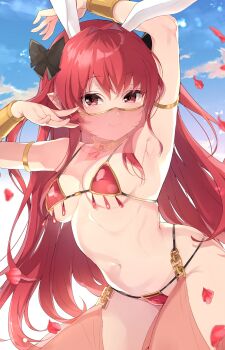 1girl animal_ears arm_behind_head arm_strap armpits arms_up bare_shoulders bikini bow bracelet breasts chain choker commentary_request commission cowboy_shot dancer dungeon_and_fighter fake_animal_ears female_mage_(dungeon_and_fighter) gold_choker gold_trim hair_bow harem_outfit harem_pants highres inari_(inariya) jewelry long_hair looking_at_viewer medium_breasts navel pants pointy_ears rabbit_ears red_bikini red_eyes red_hair revealing_clothes second-party_source see-through_clothes see-through_pants skeb_commission solo stomach string_bikini swimsuit very_long_hair working_slave_(character)