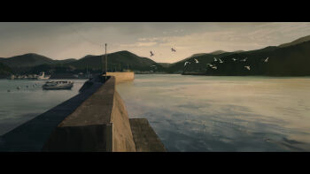 Rule 34 | bird, blue sky, boat, bozu (ogiyama), buoy, cloud, commentary, evening, highres, landscape, letterboxed, mountainous horizon, no humans, ocean, original, outdoors, scenery, shuushuu, sky, water, watercraft, wave breaker