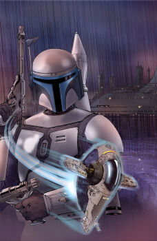 Rule 34 | 1boy, andrew griffith, armor, dual wielding, gun, handgun, helmet, highres, holding, holding gun, holding weapon, jango fett, mandalorian, mandalorian armor, mandalorian helmet, science fiction, slave i, solo, spacecraft, star wars, star wars: attack of the clones, weapon