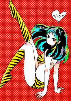 1girl animal_print bikini black_eyes black_hair blush boots breasts cleavage colored_skin commentary cone_horns emamemamo33 eyeliner fingernails from_side full_body green_hair heart-shaped_speech_bubble highres horns iridescent_hair leg_up long_hair looking_at_viewer lum makeup oni patterned_background pointy_ears polka_dot polka_dot_background red_background red_eyeliner shoulder_blades signature simple_background solo speech_bubble strapless strapless_bikini swimsuit tiger_print urusei_yatsura white_skin