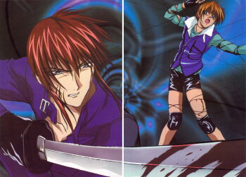 1990s_(style) 2boys absurdres black_gloves brown_eyes brown_hair fingerless_gloves fujimiya_ran gloves hidaka_ken highres holding holding_weapon jacket katana kudou_youji long_sleeves magazine_scan male_focus multiple_boys non-web_source official_art open_mouth purple_jacket purple_shirt red_hair retro_artstyle scan shirt shorts standing sword torn_clothes tsukiyono_omi weapon weiss_kreuz