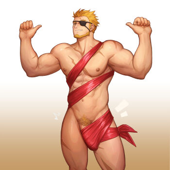 1boy abs bara biceps blonde_hair bulge christmas eyepatch feet_out_of_frame gyee highres kulolin male_focus manly markus_(gyee) mature_male meme muscular muscular_arms muscular_male nipples nude nude_guy_wrapped_in_ribbons_standing_(meme) pectorals penis_base pubic_hair ribbon scar scar_on_face simple_background smirk solo spiked_hair teeth thick_eyebrows thighs yellow_eyes