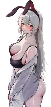 1girl 3_small_spiders animal_ear_hairband animal_ears arms_at_sides ass bare_shoulders black_bra black_hairband black_panties blush bra braid breasts cleavage closed_mouth collarbone commentary_request cowboy_shot downblouse fake_animal_ears from_side girls&#039;_frontline girls&#039;_frontline_2:_exilium hair_between_eyes hairband highres krolik_(girls&#039;_frontline_2) large_breasts long_hair looking_at_viewer off_shoulder open_clothes open_shirt panties rabbit_ear_hairband rabbit_ears red_eyes shiny_skin shirt simple_background single_braid solo spaghetti_strap standing sweat turning_head underwear white_background white_hair white_shirt