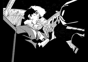 1boy closed_eyes cowboy_bebop fingerless_gloves gloves male_focus sole_male solo space spaceship_interior spike_spiegel tagme