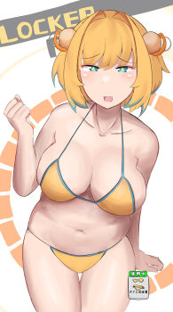 1girl absurdres bell bikini blonde_hair blush bombergirl breasts cleavage collarbone commentary_request cowbell cross-shaped_pupils curvy english_text gigajunkieriot hair_intakes hair_ornament half-closed_eyes highres large_breasts multicolored_hair navel pine_(bombergirl) short_hair solo swimsuit symbol-shaped_pupils thick_thighs thighs user_interface wide_hips yellow_bikini
