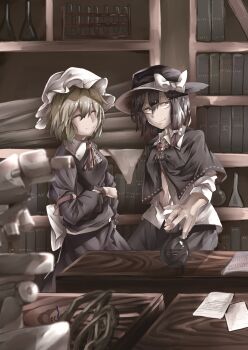 2girls ^_^ arm_around_waist arm_garter ascot black_capelet black_hair black_skirt blonde_hair book bookshelf bow breasts capelet closed_eyes closed_mouth collar dress flask hair_between_eyes hair_bow happy hashtag-only_commentary hat highres holding holding_flask indoors large_bow long_dress looking_to_the_side maribel_hearn mob_cap multiple_girls muraryo necktie paper purple_dress red_arm_garter red_ascot runes sash shirt short_hair skirt sleeve_cuffs smile table touhou white_bow white_collar white_hat white_sash white_shirt