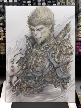 Rule 34 | 1boy, armor, art tools in frame, black myth: wukong, blonde hair, chinese armor, closed mouth, commentary, english commentary, facial hair, fingernails, highres, holding, holding weapon, long fingernails, monkey boy, ornate armor, pale skin, solo, stanley lau, sun wukong, translation request, weapon
