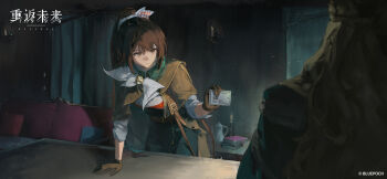 2girls black_coat black_skirt book book_stack brown_eyes brown_gloves brown_hair closed_mouth coat copyright_name copyright_notice corvus_(reverse:1999) couch curtains cushion facing_away from_behind gloves hand_on_table hand_up highres holding holding_id_card id_card indoors leaning_forward logo long_hair looking_at_another looking_to_the_side multiple_girls neckerchief official_art official_wallpaper ponytail reverse:1999 semmelweis_(reverse:1999) shirt skirt table teapot upper_body white_neckerchief white_shirt