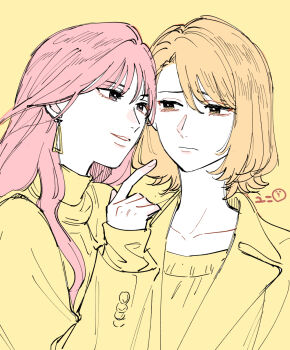 Rule 34 | 2girls, :/, artist name, earrings, highres, jewelry, long hair, looking at another, medium hair, multiple girls, original, smile, yellow theme, yuni (monoxx)