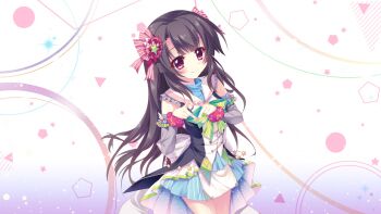 1girl black_hair blue_dress blue_skirt blush breasts closed_mouth cowboy_shot detached_sleeves dot_nose dress film_grain game_cg grey_sleeves hair_ornament heart heart_hands ichikishima_mizuha izumi_tsubasu layered_skirt long_hair looking_at_viewer medium_breasts non-web_source official_art pink_nails pink_scrunchie print_scrunchie purple_eyes re:stage! sailor_collar scrunchie short_dress skirt smile solo star_(symbol) star_print straight_hair striped_clothes striped_skirt vertical-striped_clothes vertical-striped_skirt white_sailor_collar