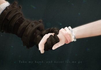 1boy 1girl aerith_gainsborough armored_gloves bandaged_arm bandages bangle black_gloves bracelet cloud_strife couple english_text final_fantasy final_fantasy_vii final_fantasy_vii_rebirth final_fantasy_vii_remake gloves gold_bracelet hand_focus hetero holding_hands jewelry lyrics multiple_bracelets shanlieart silver_bracelet