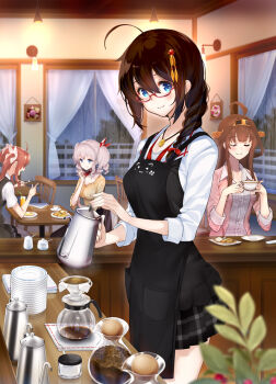 4girls ahoge amami_amayu apron bandana bespectacled black_apron black_skirt blue_eyes blunt_bangs blush bow braid breasts brown_hair cafe casual ceiling_light chair cleavage closed_eyes closed_mouth coffee coffee_maker coffee_pot cup curtains disposable_cup drill_hair drink drinking_glass fork glasses hair_between_eyes hair_bow hair_ornament hair_ribbon headgear holding holding_fork indoors jacket jewelry kagerou_(kancolle) kantai_collection kashima_(kancolle) kashima_(mitsukoshi)_(kancolle) kongou_(kancolle) large_breasts miniskirt multiple_girls necklace on_chair open_clothes open_jacket pendant pink_jacket plaid_clothes plaid_skirt plant plate pleated_skirt rain red-framed_eyewear red_bandana red_hair red_neckwear red_ribbon remodel_(kantai_collection) ribbon saucer semi-rimless_eyewear shigure_(kancolle) shirt short_sleeves sidelocks silver_hair single_braid sitting skirt smile striped_clothes striped_shirt sugar_cube table teacup twintails two-handed under-rim_eyewear vertical-striped_clothes vertical-striped_shirt white_bow white_shirt window yellow_shirt