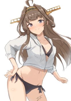 1girl absurdres ahoge alternate_costume bikini black_bikini breasts brown_eyes cellphone donut_hair_bun double_bun hair_bun hand_on_own_hip headgear highres jacket kantai_collection kongou_(kancolle) leaning_forward medium_breasts partially_open_jacket partially_unzipped phone purple_eyes side-tie_bikini_bottom simple_background smile solo sukimizaki swimsuit white_background white_jacket