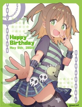 1girl :d absurdres black_thighhighs border brown_hair chain colored_inner_hair commentary dated diamond-shaped_pupils diamond_(shape) english_text fang green_border green_eyes hair_intakes happy_birthday highres inward_w jewelry looking_at_viewer melciort multicolored_hair official_alternate_costume oka_asahi onii-chan_wa_oshimai! open_mouth orange_hair pinky_ring pleated_skirt ring shirt short_hair short_sleeves simple_background skirt skull_ornament smile solo spiked_wristband spikes striped_clothes striped_shirt symbol-shaped_pupils taut_clothes taut_shirt thighhighs two-tone_hair two_side_up v-shaped_eyebrows w watermark wristband zettai_ryouiki