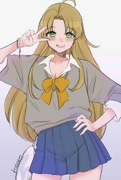 1girl :d ahoge alternate_costume arm_up artist_name blue_skirt blush bow bowtie bracelet breasts brown_hair cleavage collarbone commentary commentary_request contemporary contrapposto cowboy_shot curtained_hair genderswap genderswap_(mtf) gradient_background green_eyes grey_background grey_sweater gyaru hand_on_own_hip highres jewelry kasakasako kogal long_hair looking_at_viewer middle_part miniskirt mole mole_under_eye mushoku_tensei open_collar open_mouth pleated_skirt rudeus_greyrat school_uniform simple_background skirt smile smirk solo standing straight-on sweater three-quarter_sleeves v v-neck v_over_eye very_long_hair yellow_bow yellow_bowtie