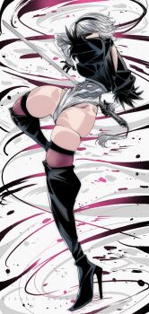 1girl 2b_(nier:automata) black_boots black_shirt blindfold boots breasts hairband high_heels highleg highleg_leotard holding holding_sword holding_weapon katana kinakomochi_(user_vedc2333) large_breasts leotard looking_at_viewer motion_lines nier:automata nier_(series) puffy_sleeves shirt short_hair short_sleeves square_enix standing sword tassel thick_thighs thigh_boots thighs weapon white_background white_leotard white_shirt